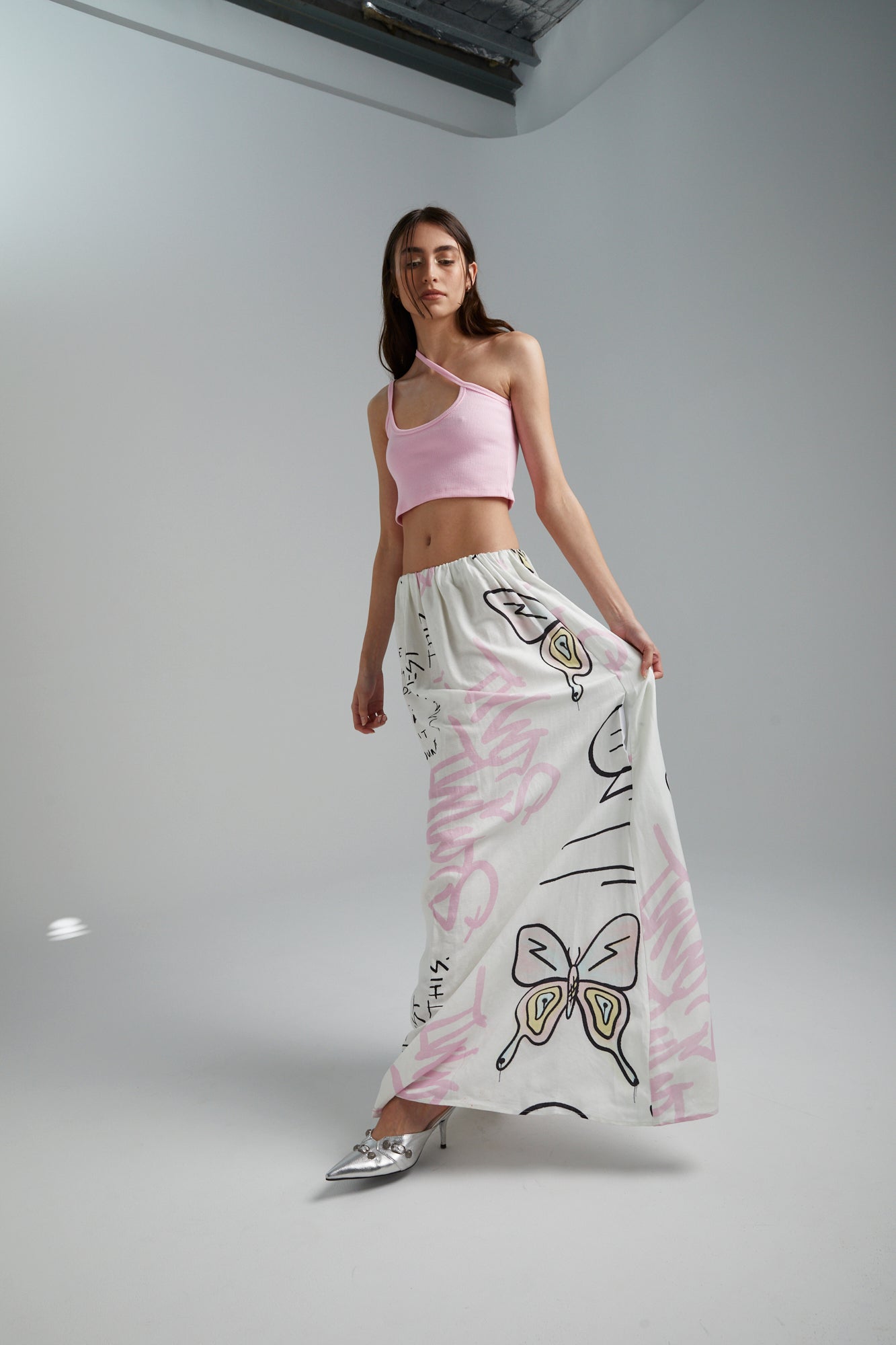 STRAPLESS DRESS - GRAFFITI BUTTERFLY WHITE