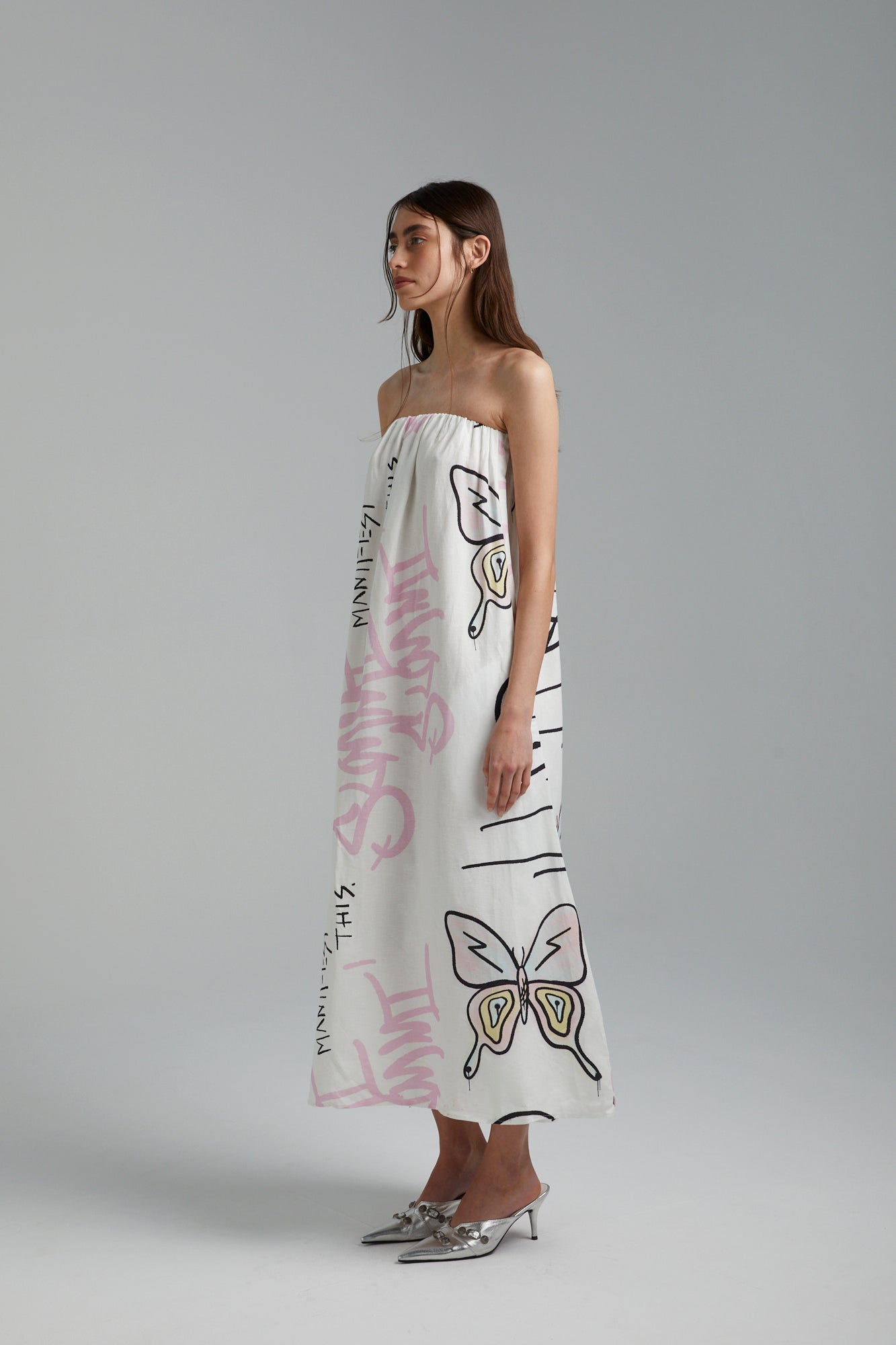 STRAPLESS DRESS - GRAFFITI BUTTERFLY WHITE