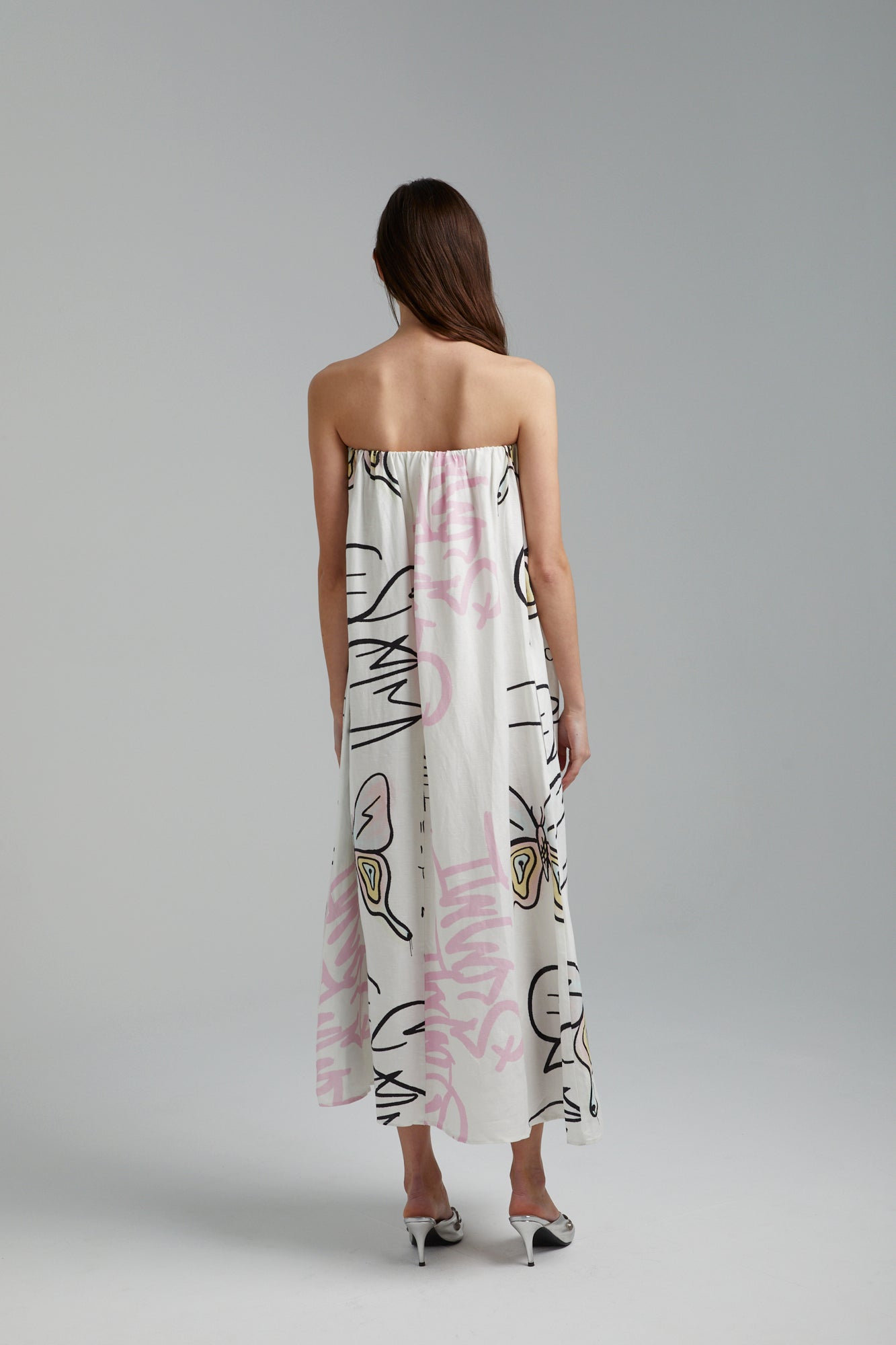 STRAPLESS DRESS - GRAFFITI BUTTERFLY WHITE