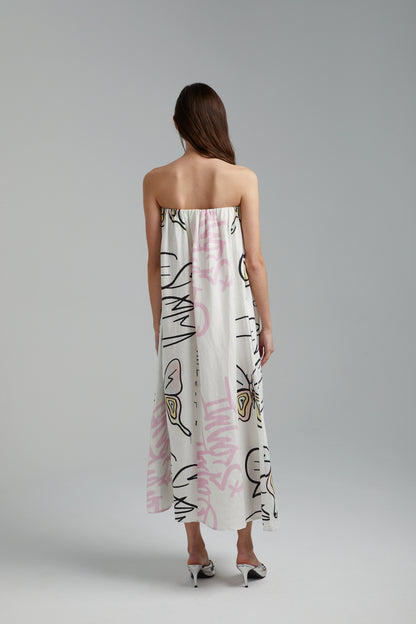 STRAPLESS DRESS - GRAFFITI BUTTERFLY WHITE