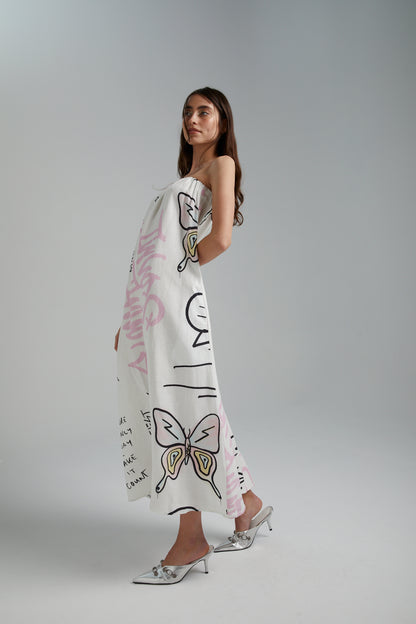 STRAPLESS DRESS - GRAFFITI BUTTERFLY WHITE