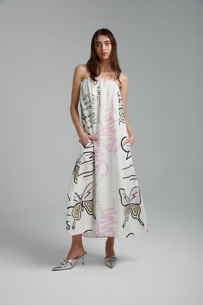 STRAPLESS DRESS - GRAFFITI BUTTERFLY WHITE